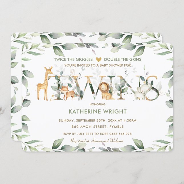 Jungle Animals Greenery Twins Neutral Baby Shower Invitation (Front/Back)