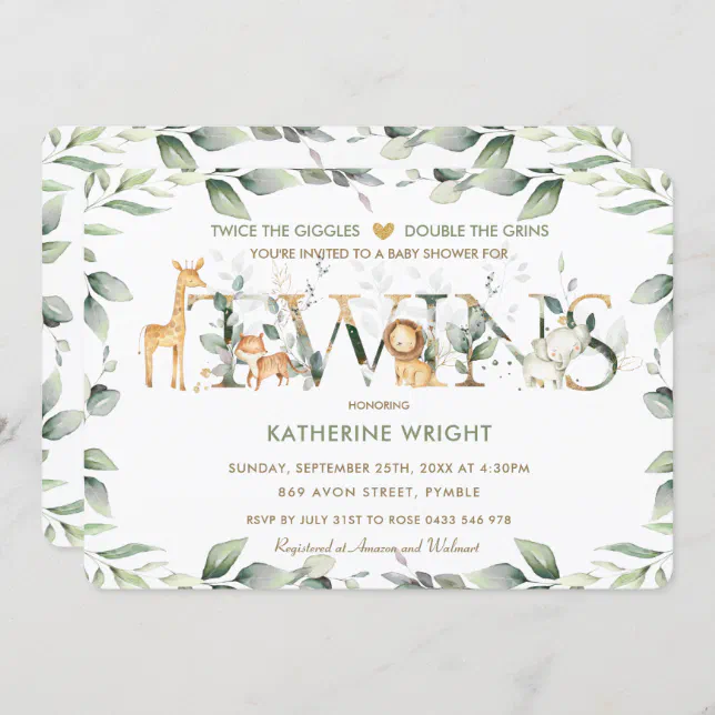 Jungle Animals Greenery Twins Neutral Baby Shower Invitation 