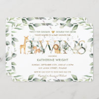 Jungle Animals Greenery Twins Neutral Baby Shower Invitation