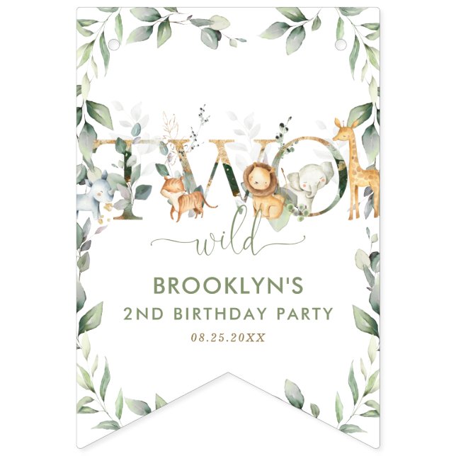 Jungle Animals Greenery Two Wild 2nd Birthday Bunting Flags (First Flag)