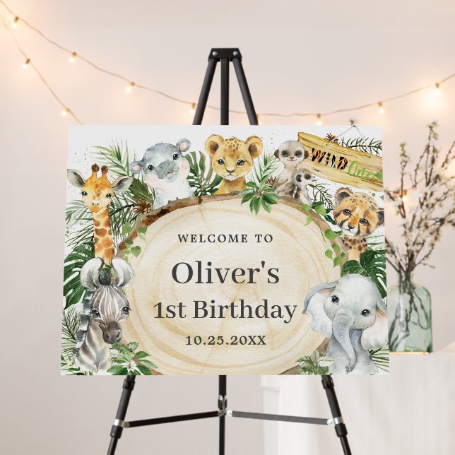 Jungle Animals Greenery Wild 1st Birthday Welcome Foam Board (In Situ (Stand))