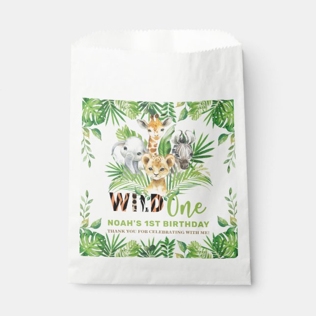 Jungle Animals Greenery Wild ONE 1st Birthday Favor Bag (Front)
