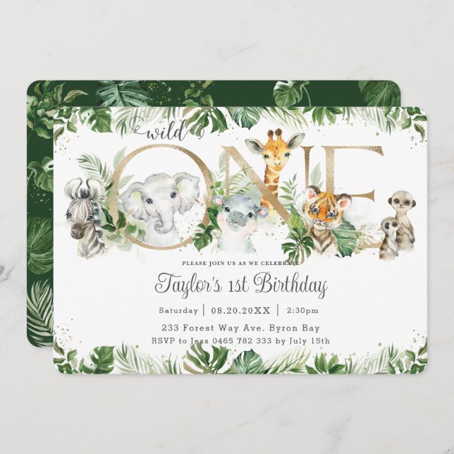 Jungle Animals Greenery Wild ONE 1st Birthday Invitation (Front/Back)