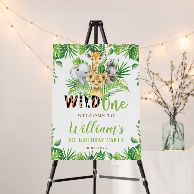 Jungle Animals Greenery Wild One Birthday Welcome Foam Board (In Situ (Stand))