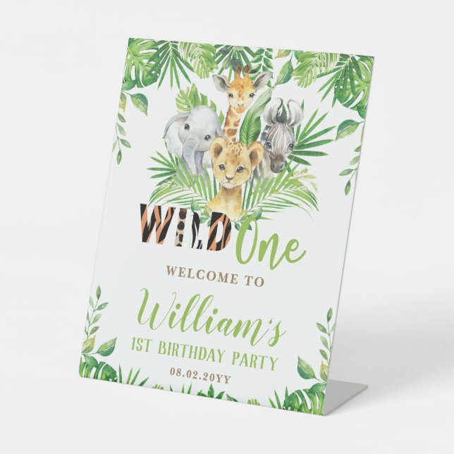 Jungle Animals Greenery Wild One Birthday Welcome Pedestal Sign (Front)