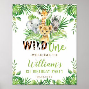 Jungle Animals Greenery Wild One Birthday Welcome Poster