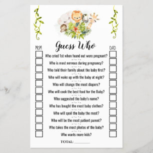 Jungle Animals Guess Who Baby Shower Game Card Flyer