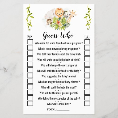Jungle Animals Guess Who Baby Shower Game Card Flyer