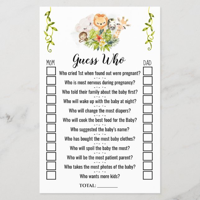 Jungle Animals Guess Who Baby Shower Game Card Flyer (Front)