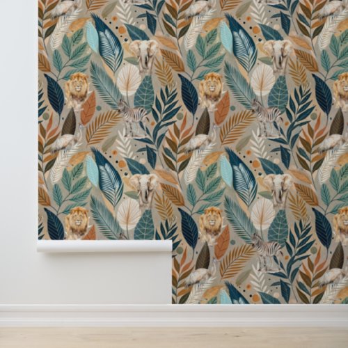 Jungle Animals Hidden in a Boho Chic Leaf Pattern Wallpaper