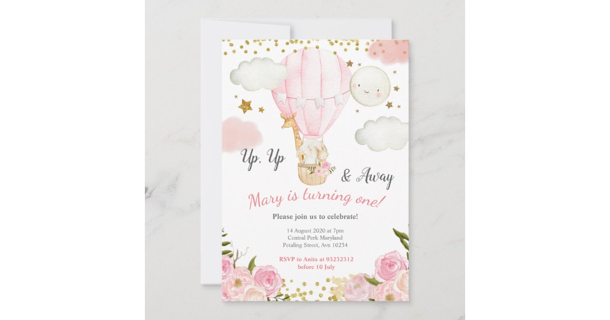 Jungle animals hot Air Balloon Girl Birthday Invitation | Zazzle