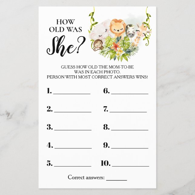 Jungle Animals How old was She Baby Shower Card Flyer (Front)