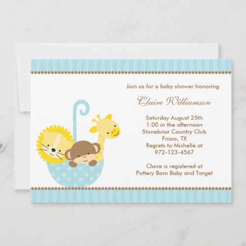 Jungle Animals in Blue Umbrella Invitations