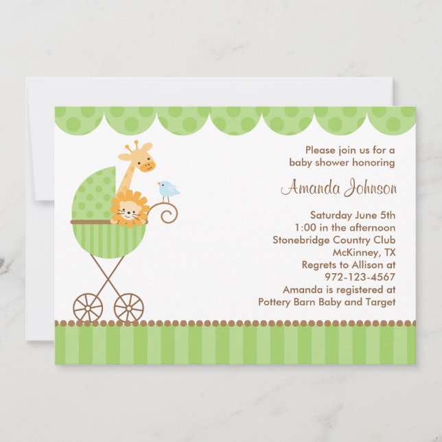 Jungle Animals in Green Stroller Invitations (Front)