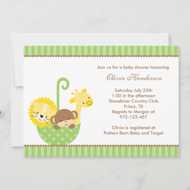 Jungle Animals in Green Umbrella Invitations (Front)