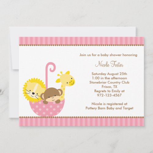 Jungle Animals in Pink Umbrella Invitations