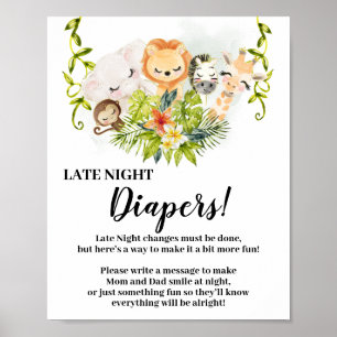 Jungle Animals Late Night Diapers Baby Shower sign