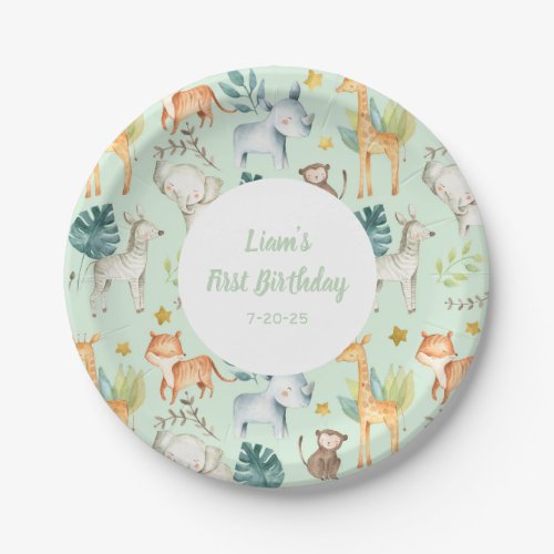 JUngle animals mint gender neutral 1st birthday Paper Plates