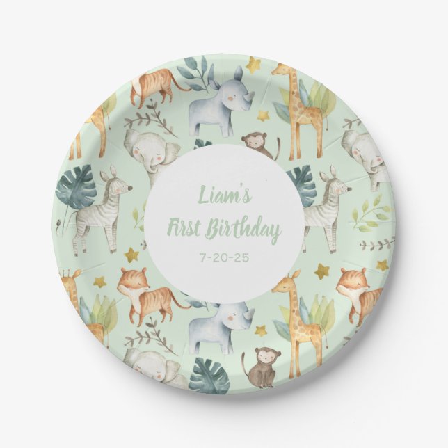 JUngle animals mint gender neutral 1st birthday Paper Plates (Front)