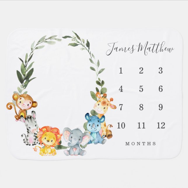 Jungle Animals Monthly Milestone Baby Blanket (Horizontal)