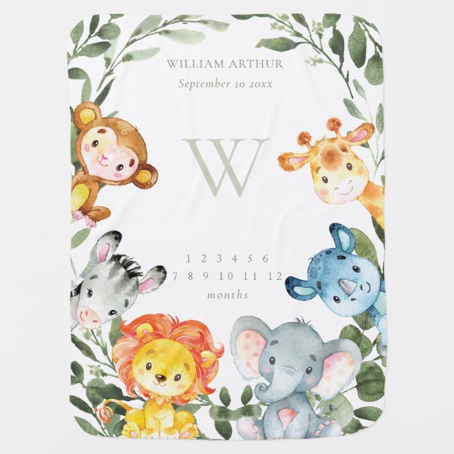 Jungle Animals Monthly Milestone Baby Blanket (Front)