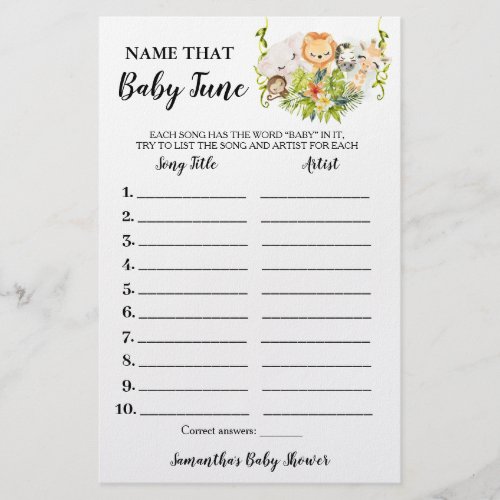 Jungle Animals Name Baby Tune Shower Game card Flyer