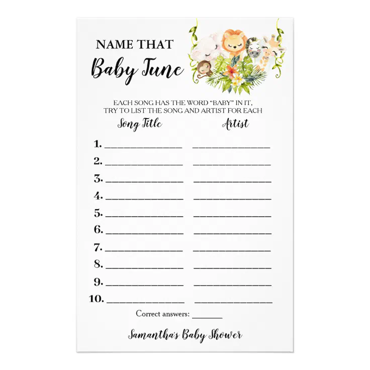 Jungle Animals Name Baby Tune Shower Game card Flyer | Zazzle