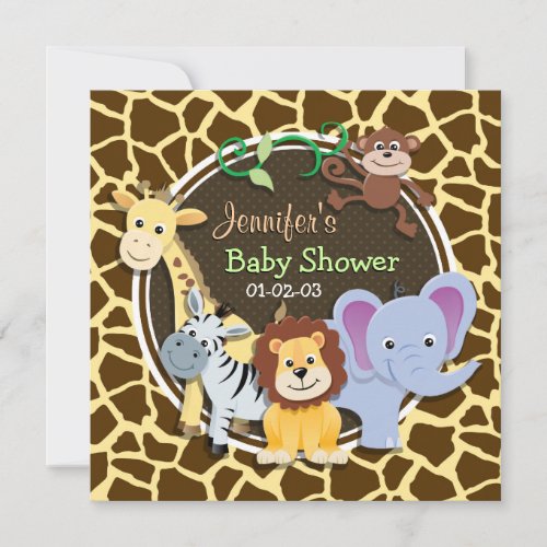Jungle Animals on Brown Giraffe Animal Print Invitation