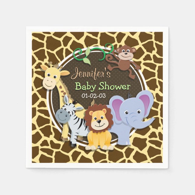 Jungle Animals on Brown Giraffe Animal Print Napkins (Front)