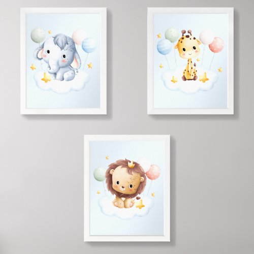 Jungle Animals on Clouds With Balloons Wall Art Sets