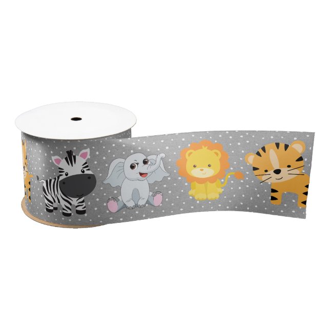Jungle Animals On Polka Dots Satin Ribbon (Spool)