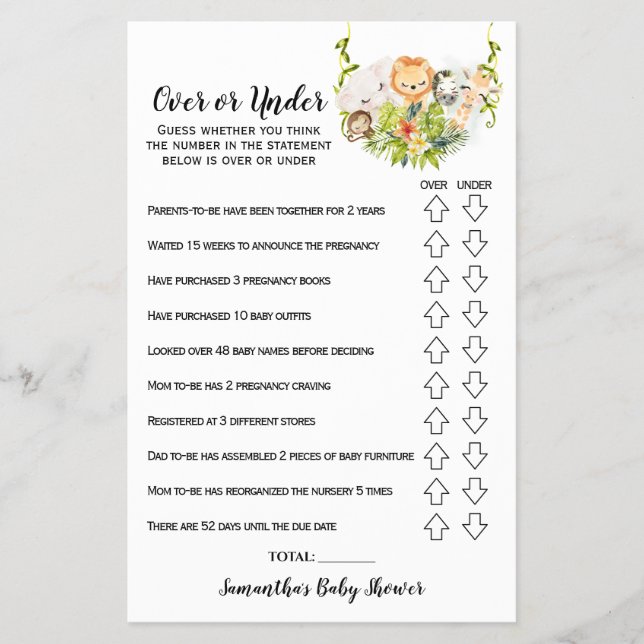 Jungle Animals Over or Under Baby Shower Game card Flyer (Front)