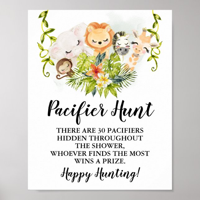 Jungle Animals Pacifier hunt Baby Shower game sign (Front)