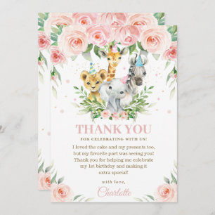 Jungle Animals Party Hats Pink Floral Thank You Card