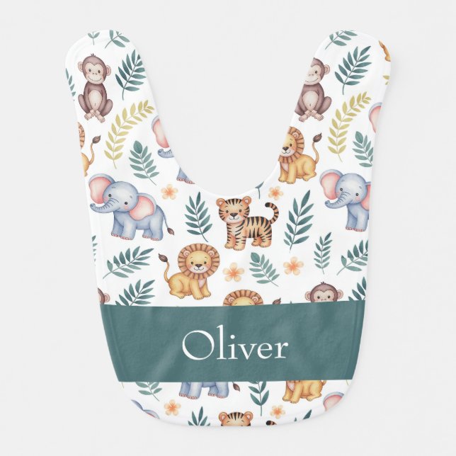 Jungle Animals Personalized Elephants and Lions Baby Bib (Front)