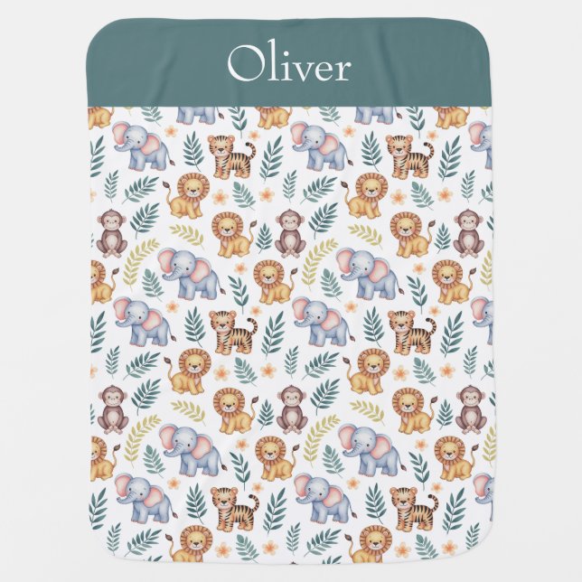 Jungle Animals Personalized Elephants and Lions Baby Blanket (Front)