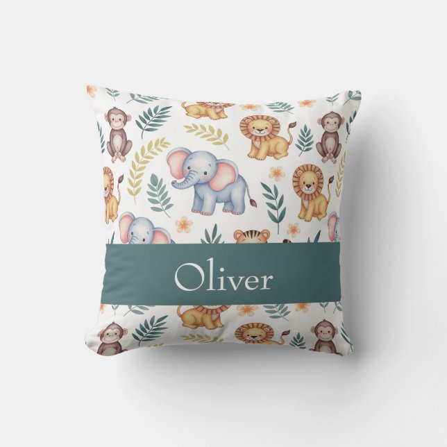 Jungle Animals Personalized Elephants and Lions Throw Pillow (Front)
