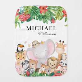Jungle Animals + Personalized Name Green Leaves Baby Burp Cloth