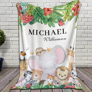 Jungle Animals + Personalized Name Green Leaves Sherpa Blanket