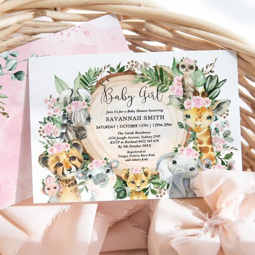Jungle Animals Pink Blush Floral Baby Girl Shower Invitation