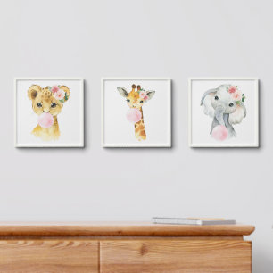 Jungle Animals, Pink Bubble Gum, Girl Nursery Peel And Stick Photo Tile