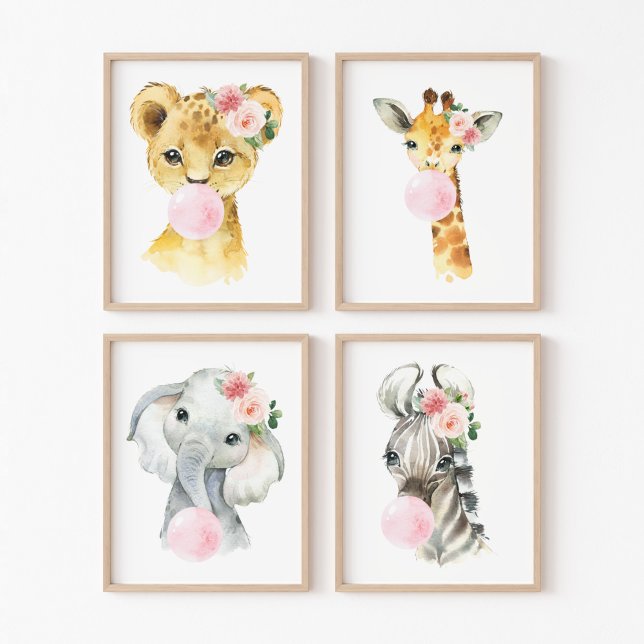 Jungle Animals, Pink Bubble Gum, Girl Nursery Wall Art Sets (Creator Uploaded)