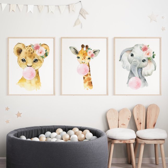 Jungle Animals, Pink Bubble Gum, Girl Nursery Wall Art Sets (Creator Uploaded)