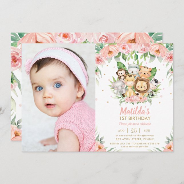 Jungle Animals Pink Floral 1st Birthday Photo Invitation (Front/Back)