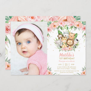 Jungle Animals Pink Floral 1st Birthday Photo Invitation