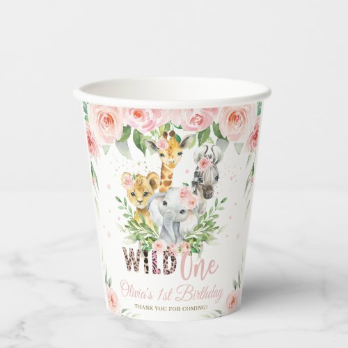 Jungle Animals Pink Floral 1st Birthday Wild One Paper Cups