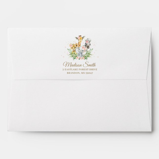 Jungle Animals Pink Floral Baby Shower Birthday  E Envelope (Back (Top Flap))