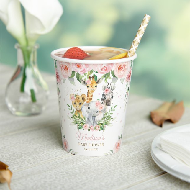 Jungle Animals Pink Floral Baby Shower Birthday  Paper Cups (Insitu)