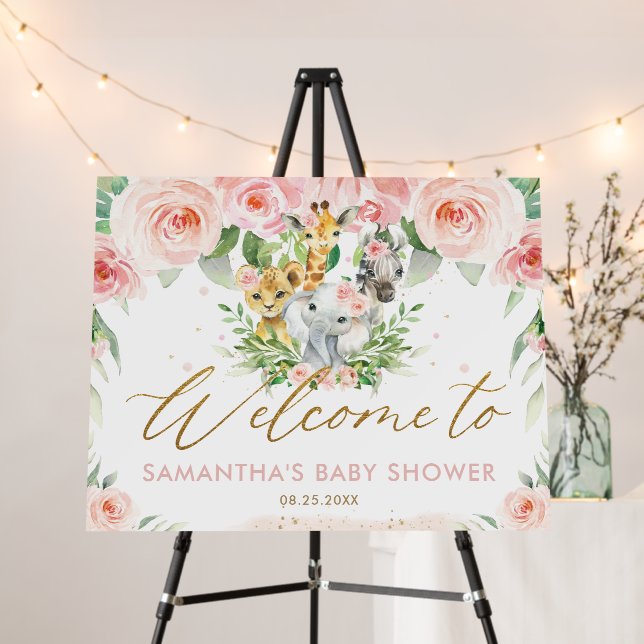 Jungle Animals Pink Floral Baby Shower Welcome  Foam Board (In Situ (Stand))