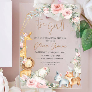 Jungle Animals Pink Floral Girl Baby Shower Acrylic Invitations